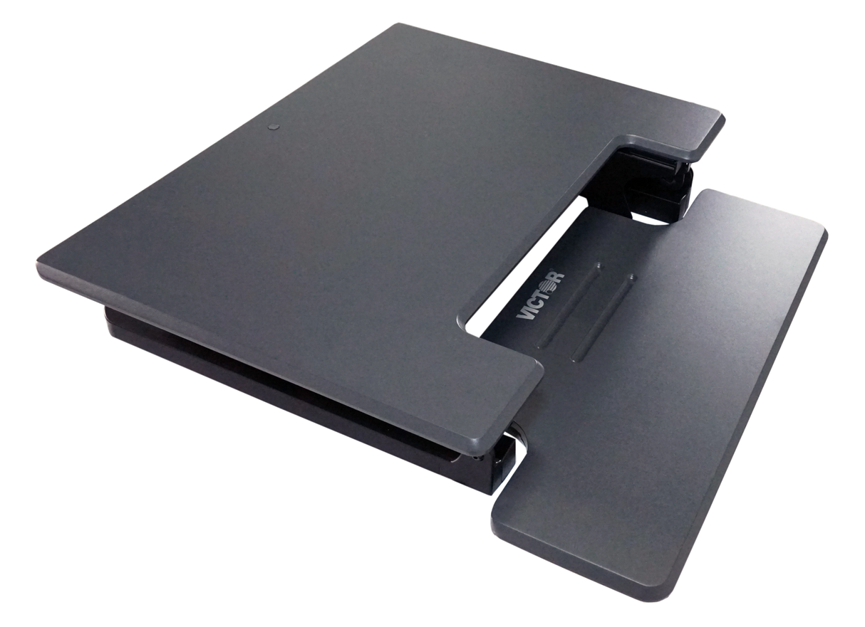 Black high-rise adjustable standing desk converter with large keyboard tray