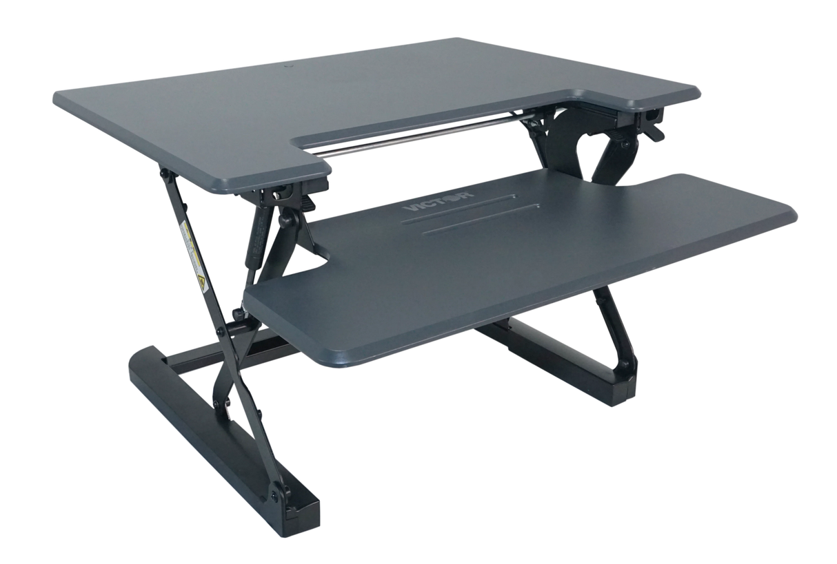 Adjustable height standing desk converter with keyboard tray, black, ergonomic design