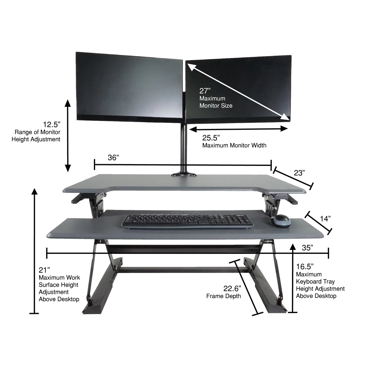 High-rise adjustable standing desk with dual monitors, keyboard tray, and size measurements.