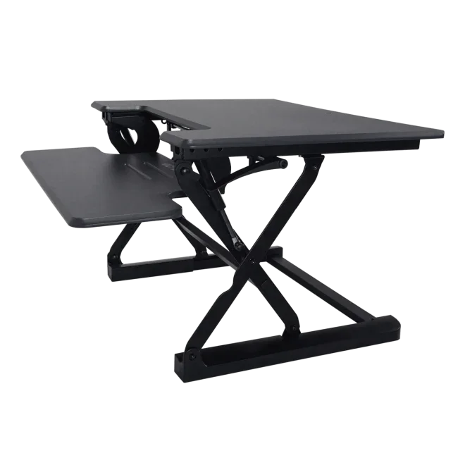 Black adjustable height standing desk with keyboard tray and X-frame design