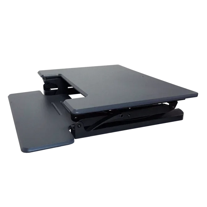 Black adjustable height standing desk with built-in keyboard tray, modern office accessory