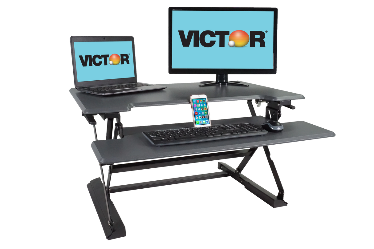 High-rise adjustable standing desk with monitor, laptop, keyboard tray and smartphone holder