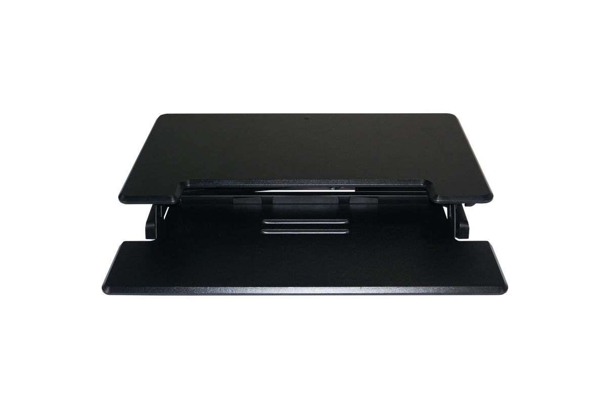 Black adjustable height standing desk with integrated keyboard tray, viewed from the front.