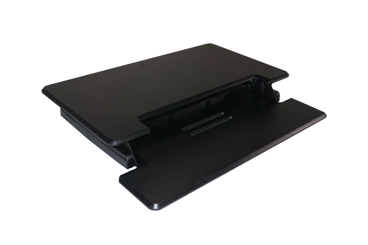 Black high-rise adjustable standing desk with integrated keyboard tray, isolated on white