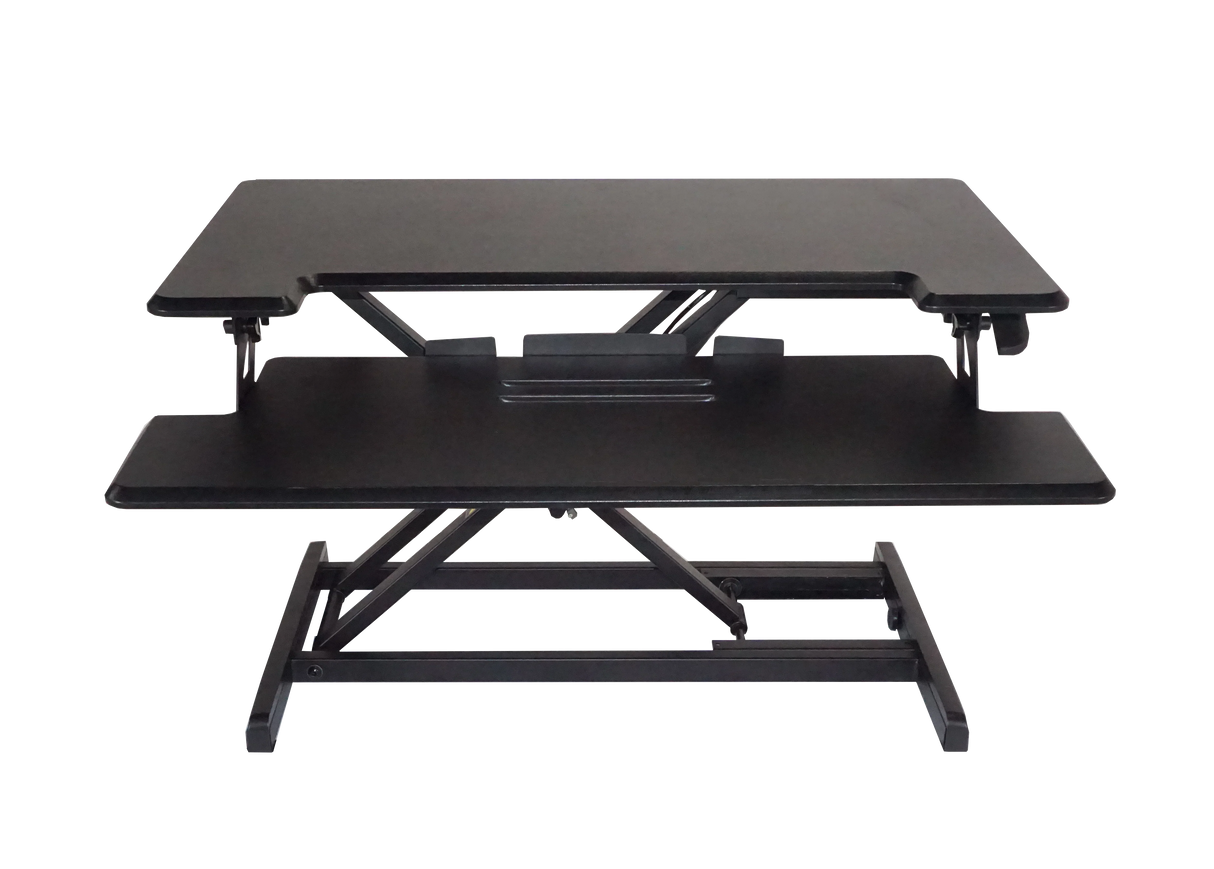 Adjustable height standing desk with two-tier design and keyboard tray, black finish