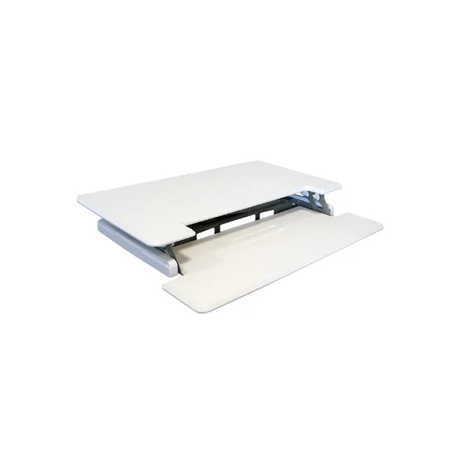 White compact adjustable height standing desk with keyboard tray on white background