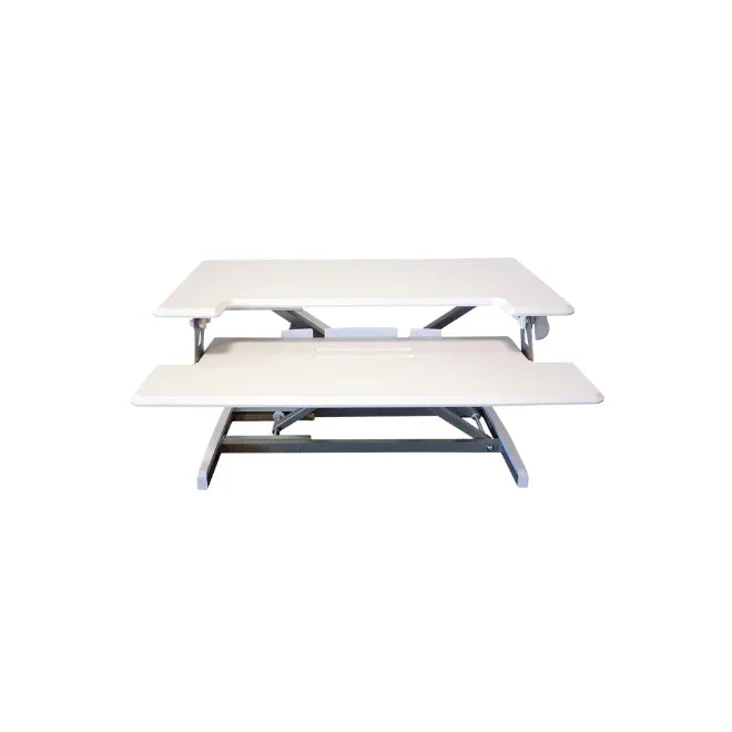 White adjustable height standing desk with keyboard tray, compact workspace solution