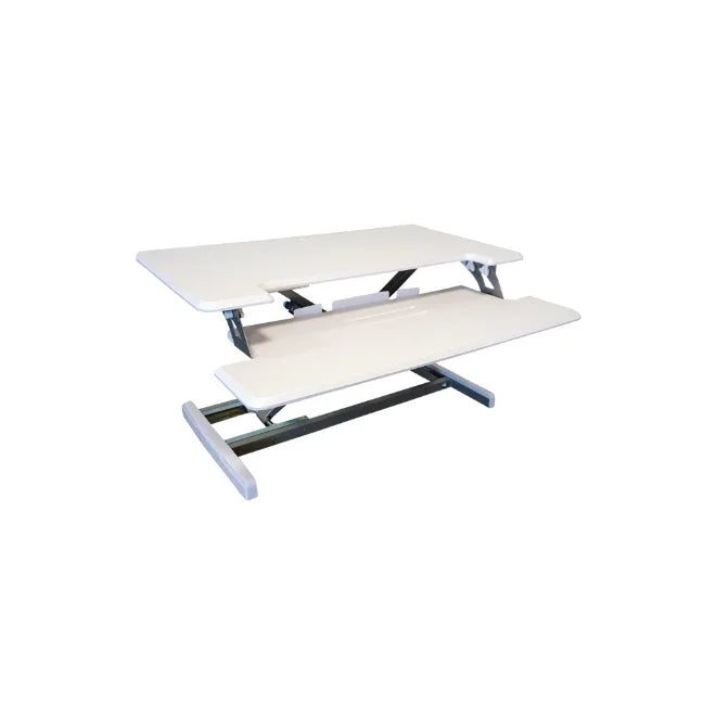 White adjustable height standing desk with keyboard tray for ergonomic workspace