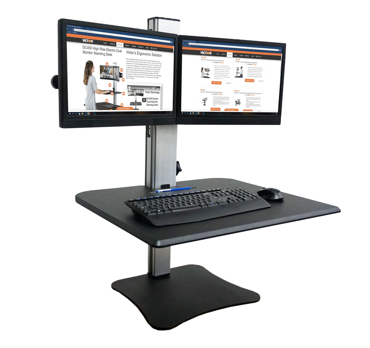 Dual monitor ergonomic standing desk with keyboard and mouse on a black adjustable work surface
