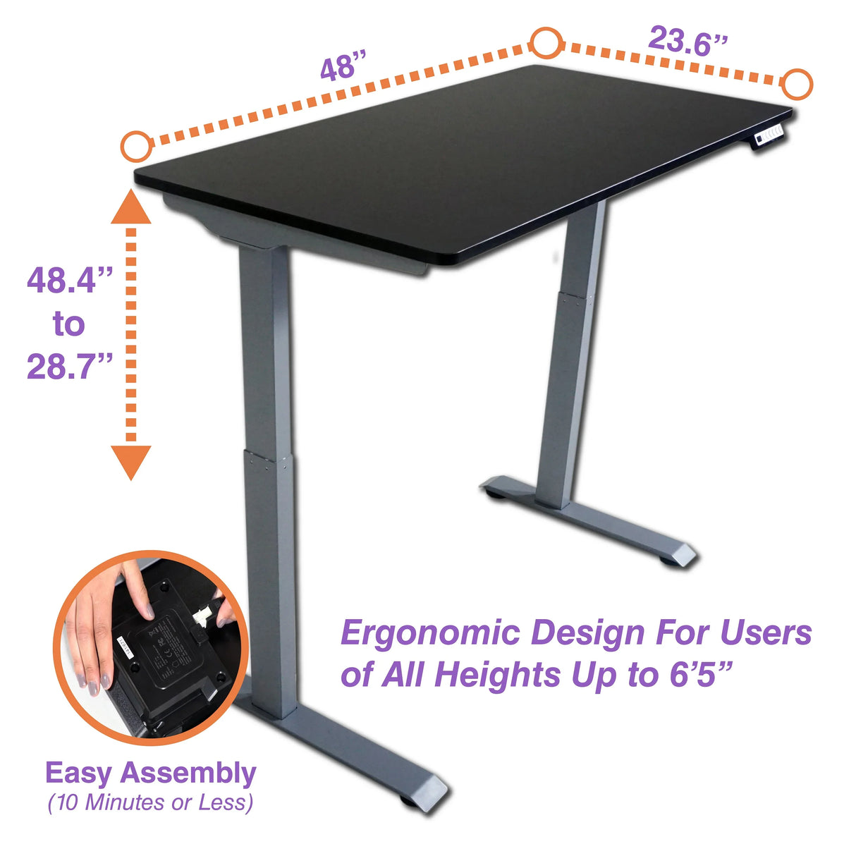Electric adjustable height standing desk with ergonomic design and easy assembly, 48x23.6 inches.