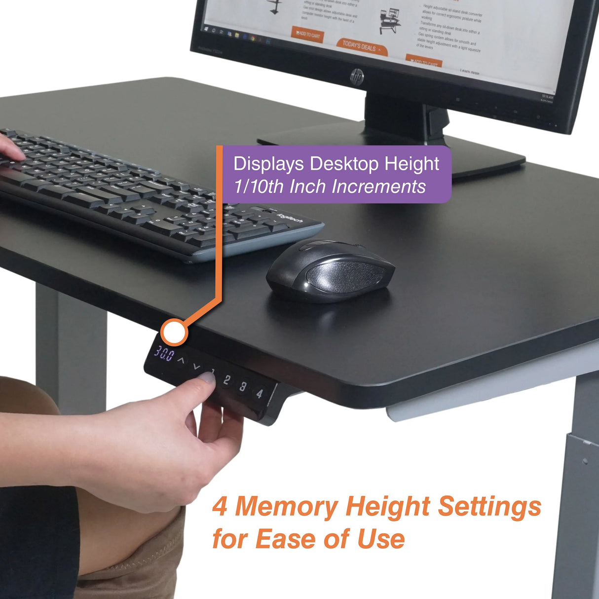 Electric adjustable height standing desk with digital display, memory settings, keyboard, and mouse.
