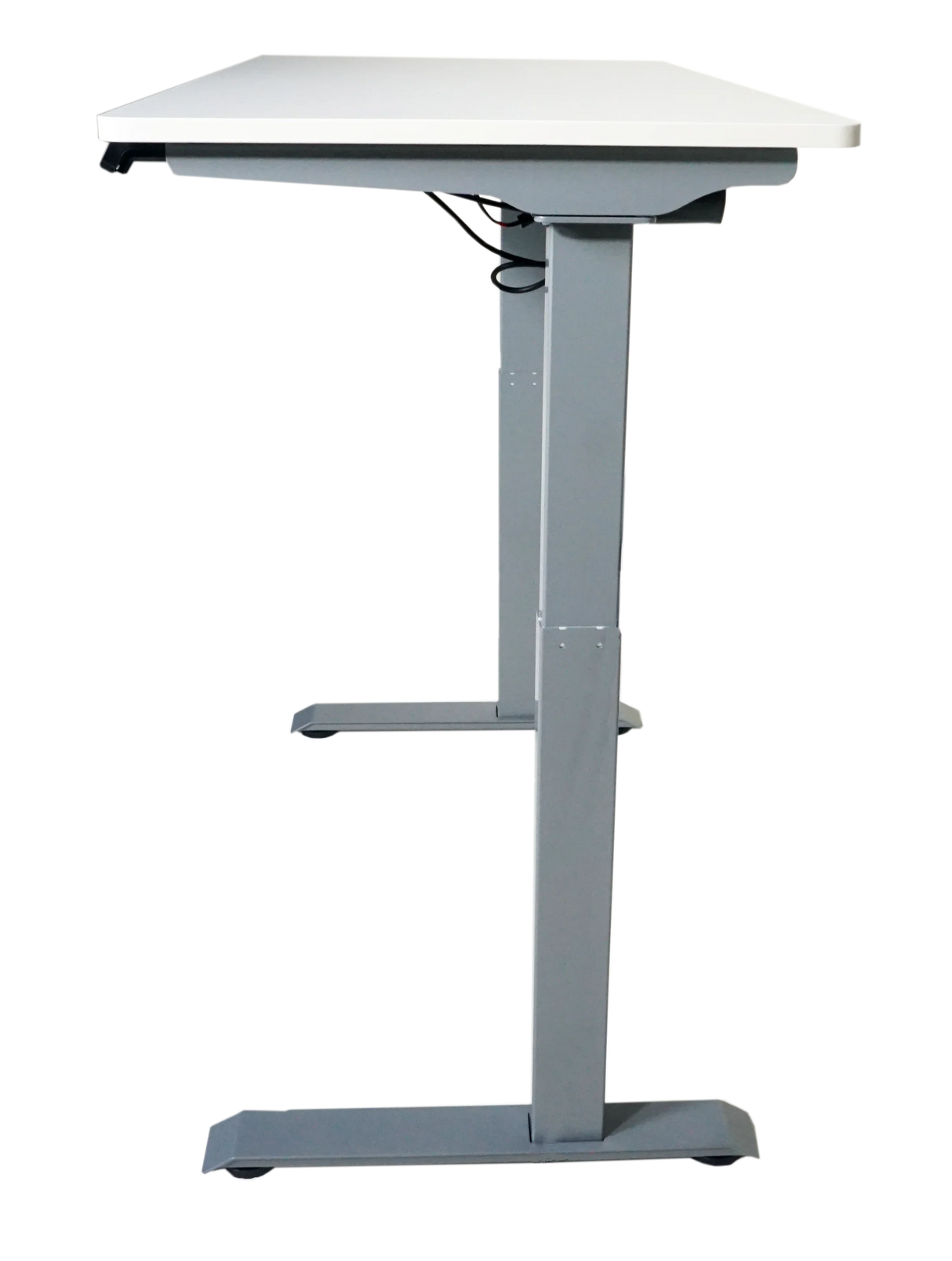 Electric adjustable height standing desk with metal frame and white tabletop