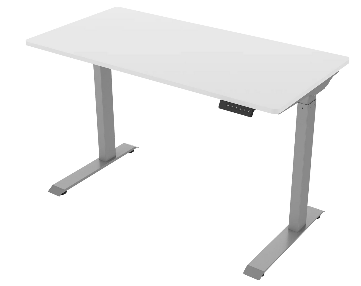 Modern high-rise electric adjustable standing desk with digital controls, gray frame