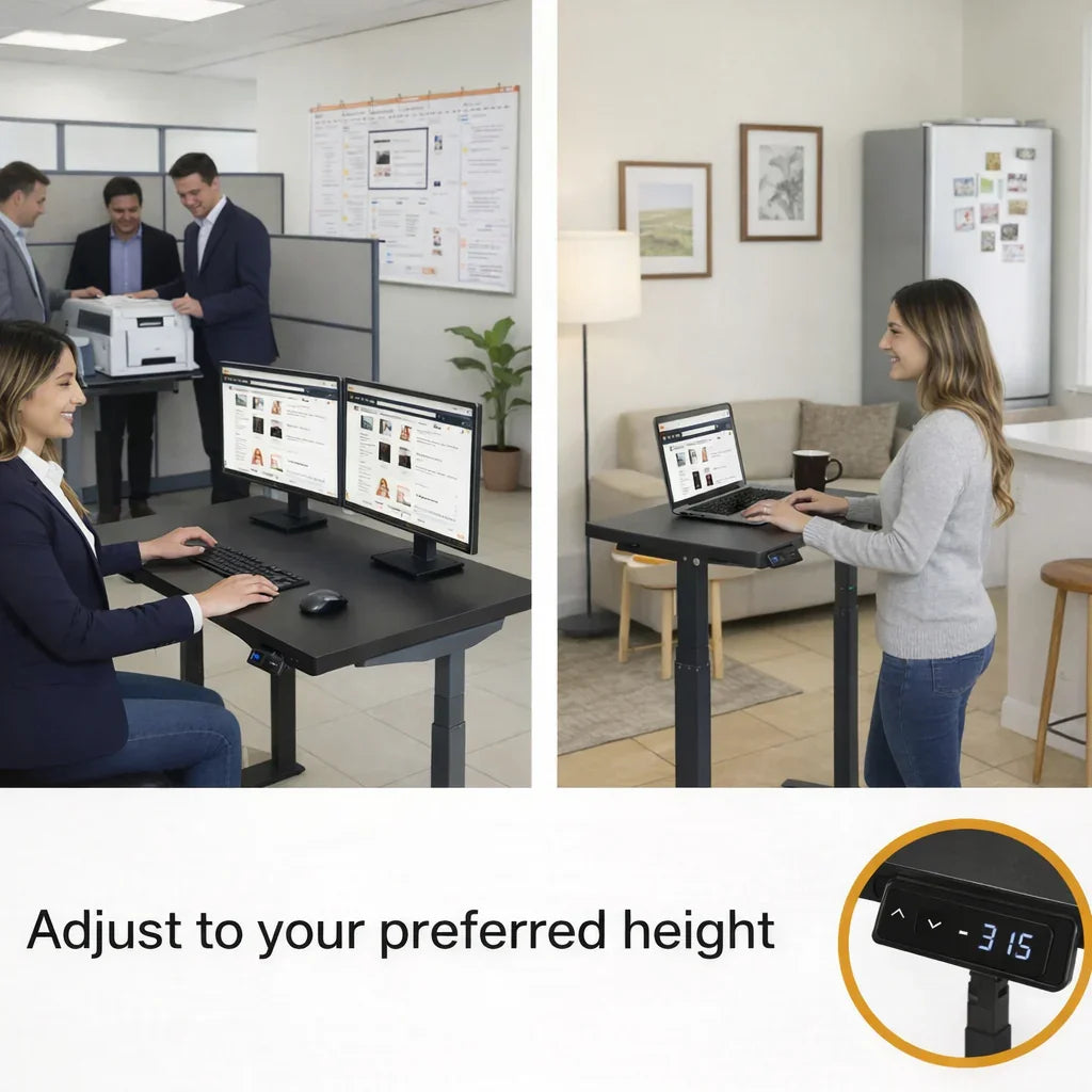 Electric adjustable height standing desk with digital control in office and home settings