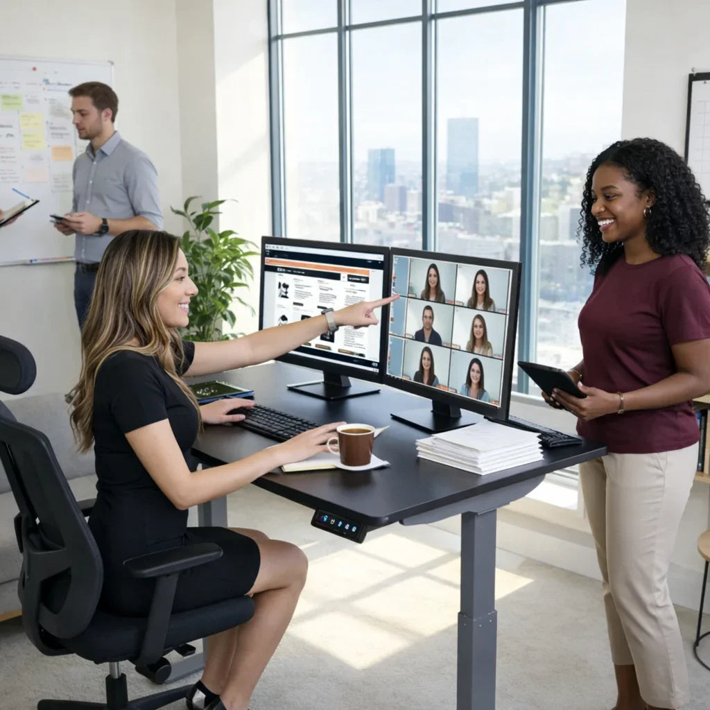 Electric adjustable height standing desk in modern office with dual monitors and coworkers collaborating