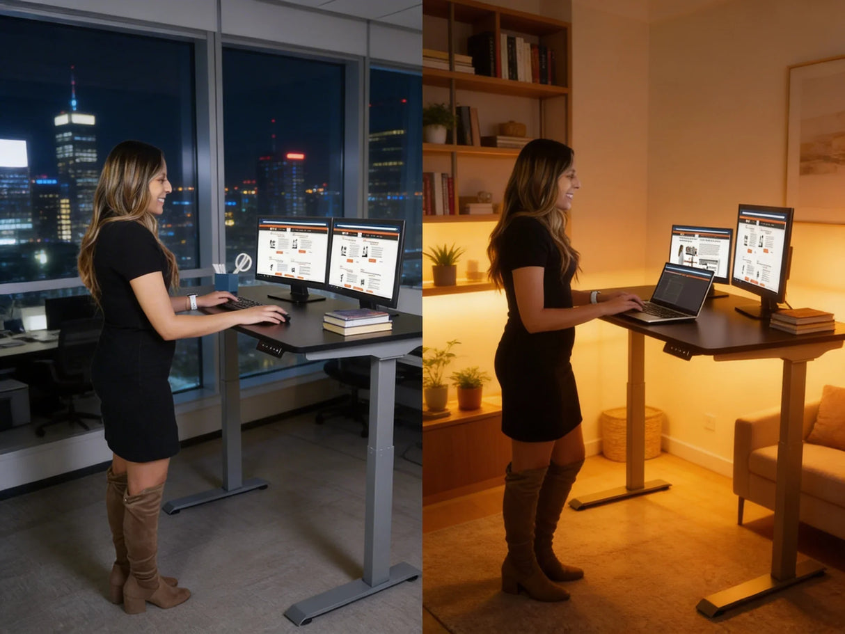Electric adjustable height standing desk with dual monitors used in office and home settings