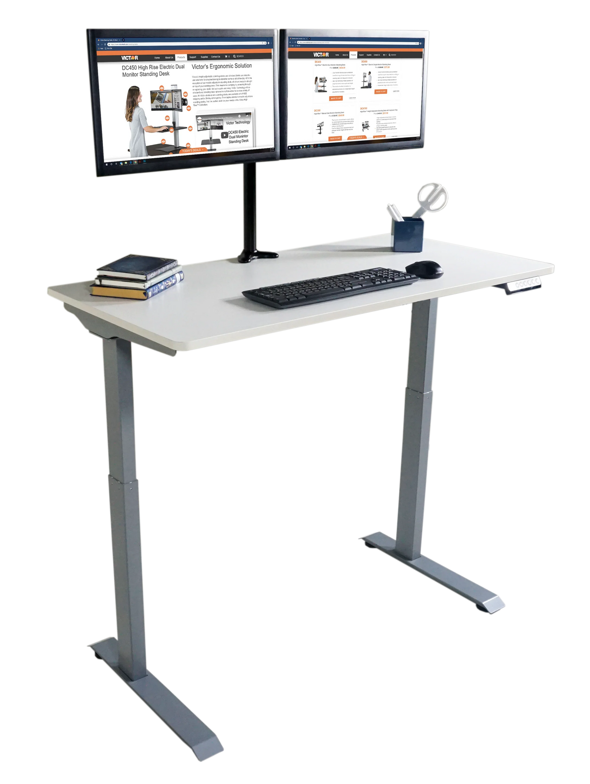 Electric adjustable height standing desk with dual monitors and office accessories