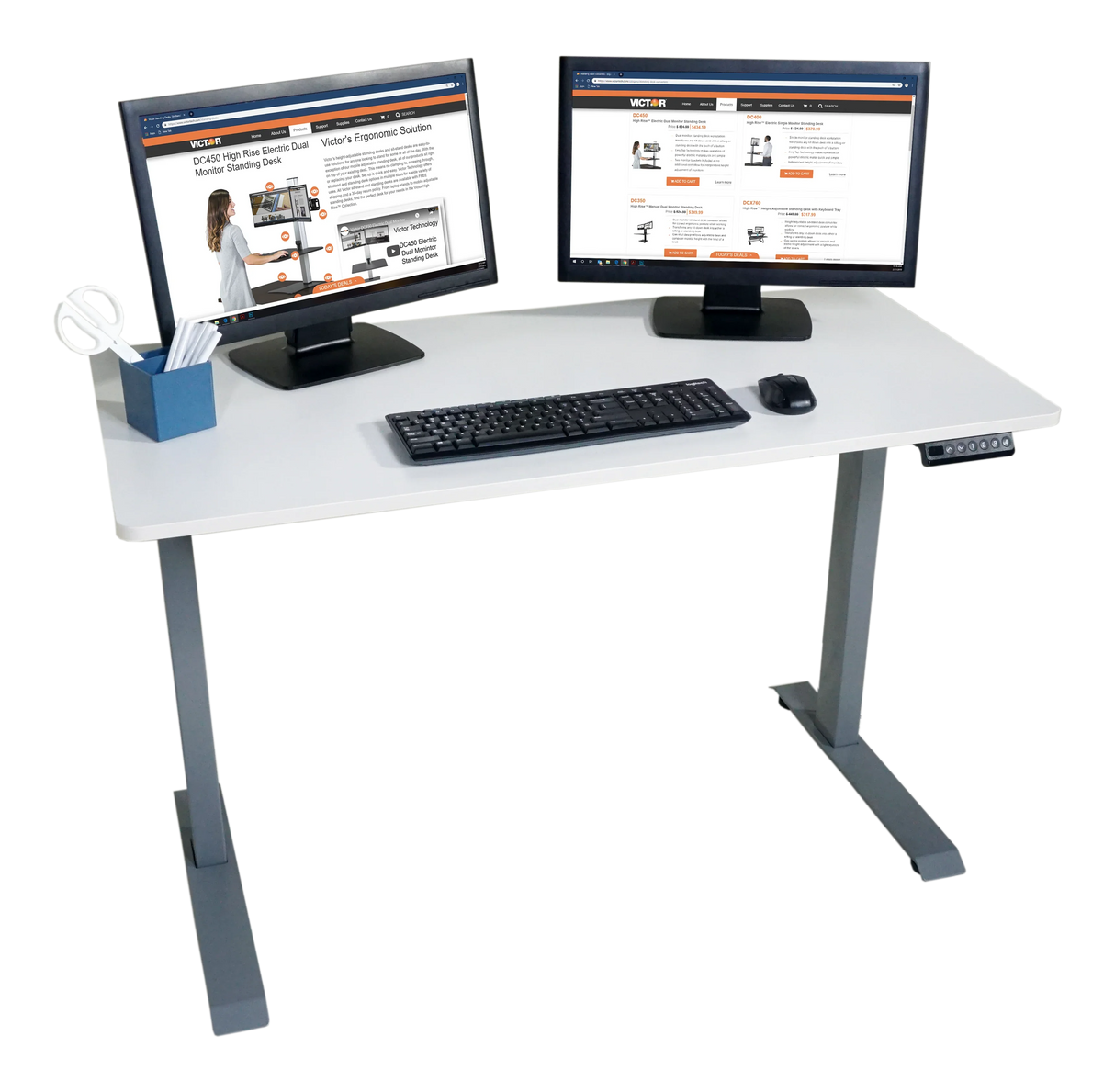 Electric adjustable standing desk with dual monitors, keyboard, mouse, and desk organizer