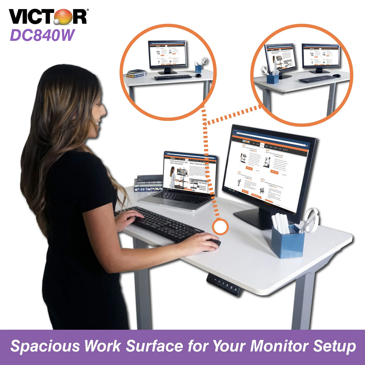 Woman using electric adjustable standing desk with spacious work surface, monitor, and laptop setup.