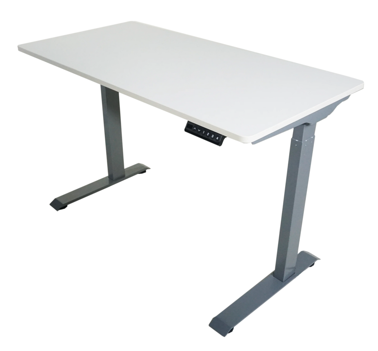 Electric adjustable height standing desk with white top and gray legs, shown on white background
