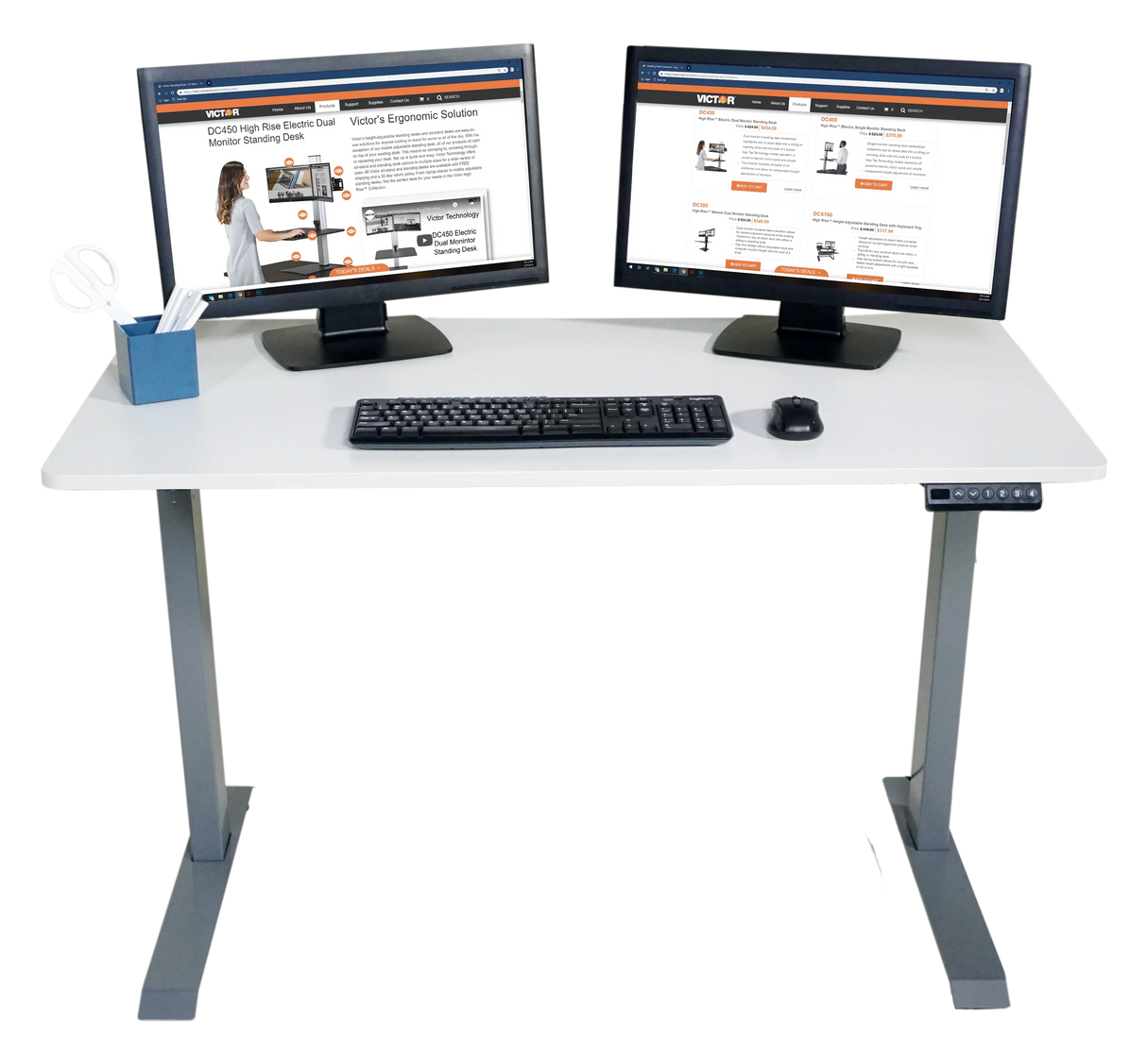 Electric adjustable height standing desk with dual monitors, keyboard, and mouse in modern workspace