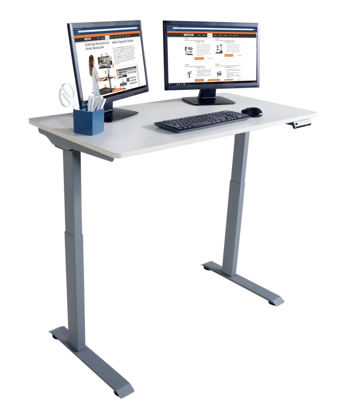 Electric adjustable height standing desk with dual monitors, keyboard, and desk organizer