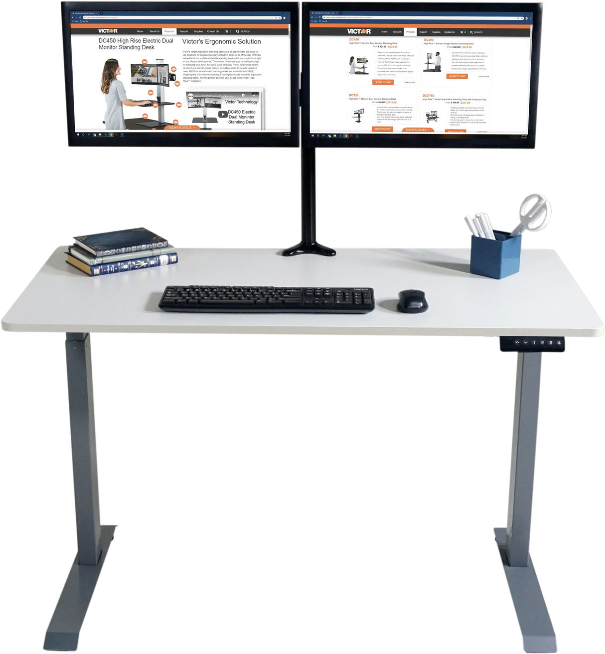Electric adjustable standing desk with dual monitor setup, keyboard, mouse, and office supplies