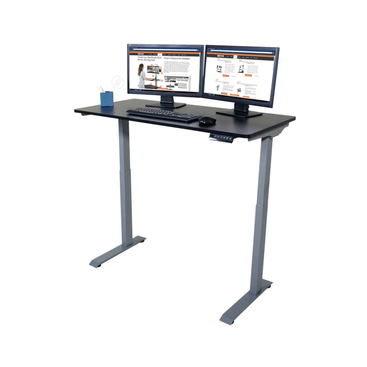 High rise electric adjustable standing desk with dual monitors and office accessories