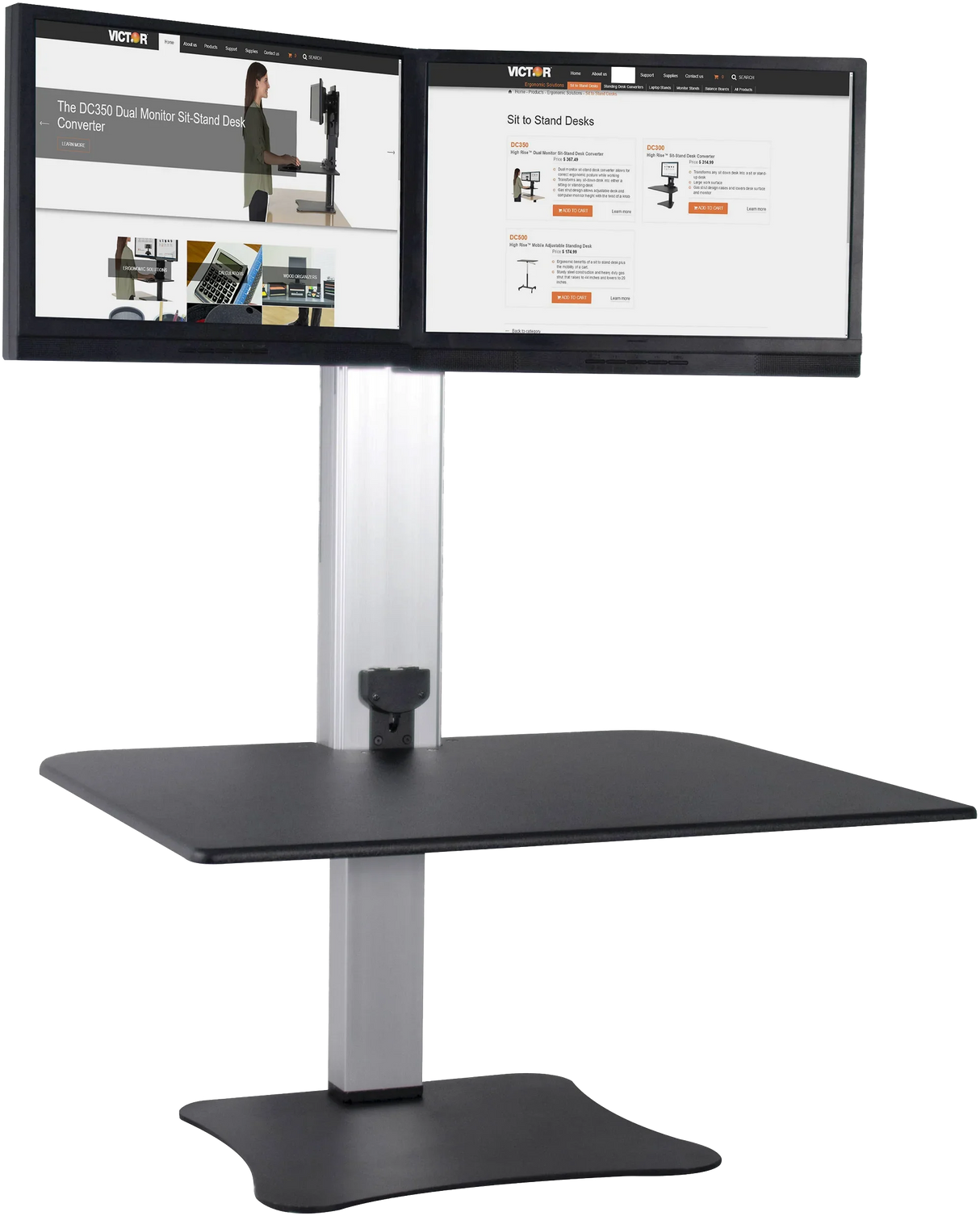 High-rise electric standing desk with dual monitors and spacious black desktop