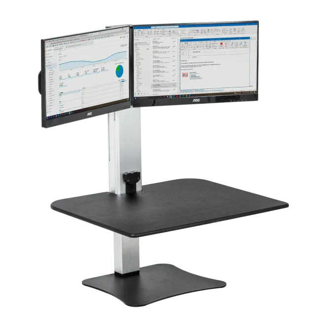 High-rise electric standing desk with dual monitor setup and spacious black work surface