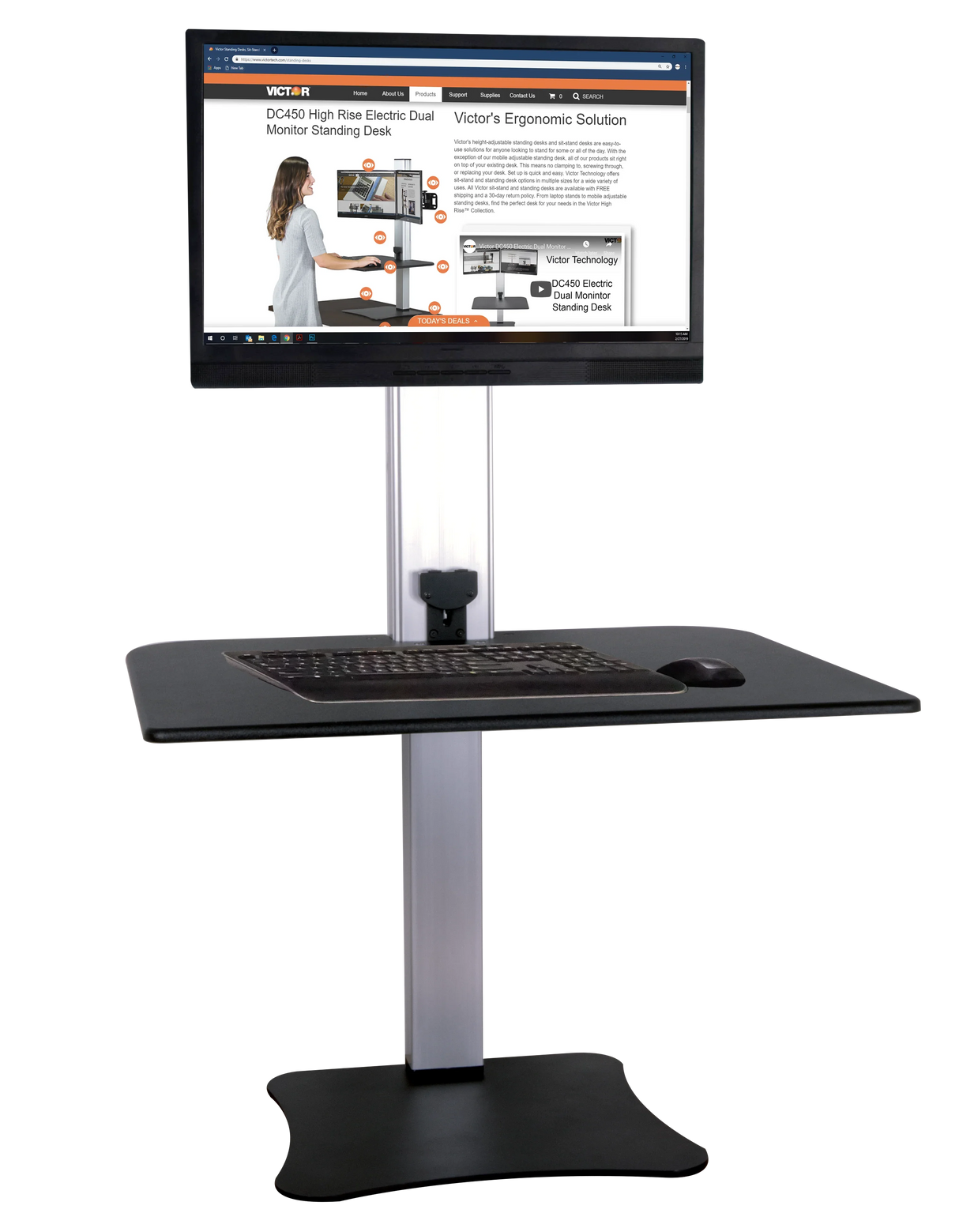 High rise electric single monitor standing desk with keyboard tray and large display