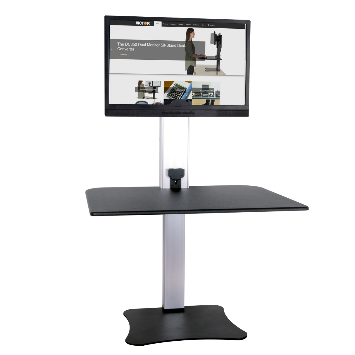 Electric single monitor standing desk with adjustable height and sleek black surface