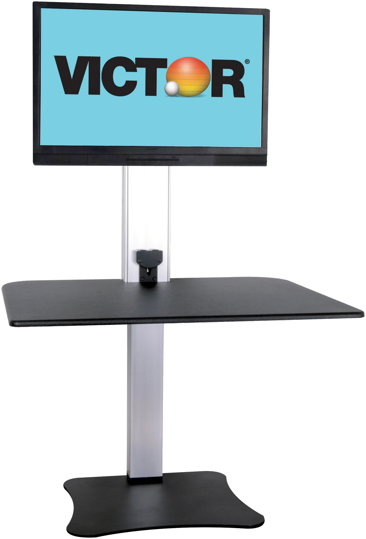 Electric standing desk with single monitor mount, black work surface and silver support column.