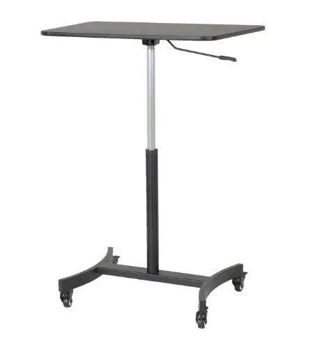 Black mobile adjustable standing desk with casters and hand crank, ideal for office use