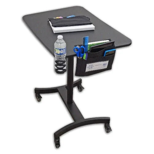 High-rise mobile adjustable standing desk with wheels, organizer pocket, and office supplies