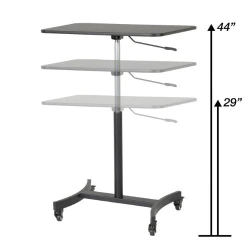 Adjustable height standing desk on wheels with measurements from 29 to 44 inches