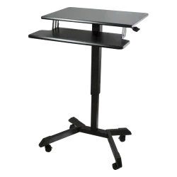 High-rise adjustable standing desk with keyboard tray and wheels for office or home use