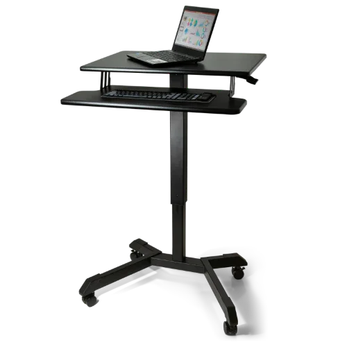 High-rise adjustable standing desk with keyboard tray, laptop, and casters for mobility
