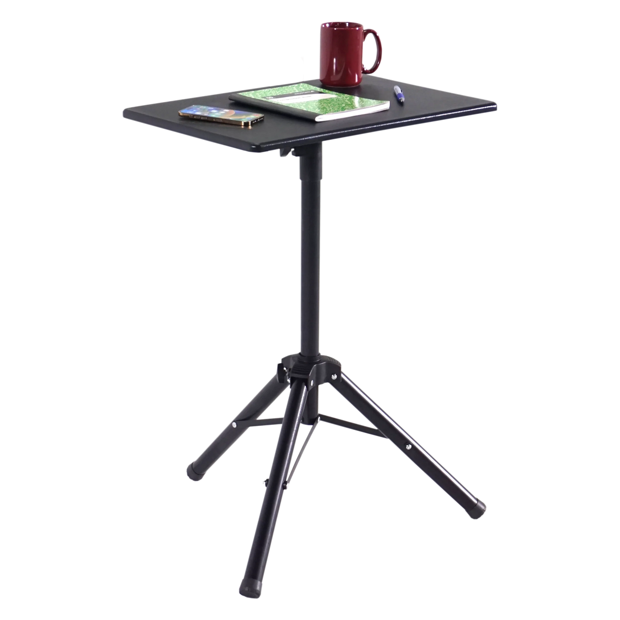 High rise mobile standing desk tripod with a mug, notebook, pen, and phone on top