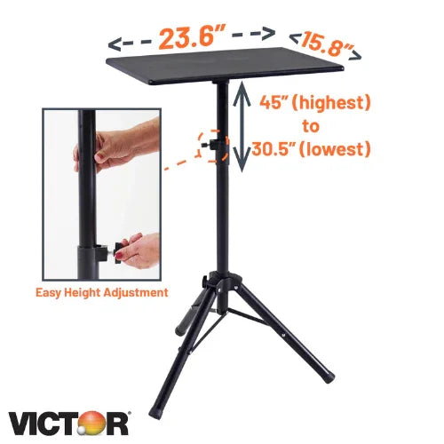 High-rise mobile tripod standing desk with adjustable height, black tabletop and sturdy legs