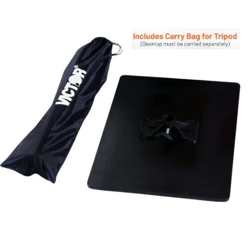 Standing desk top with tripod mount and black carry bag for portable office use