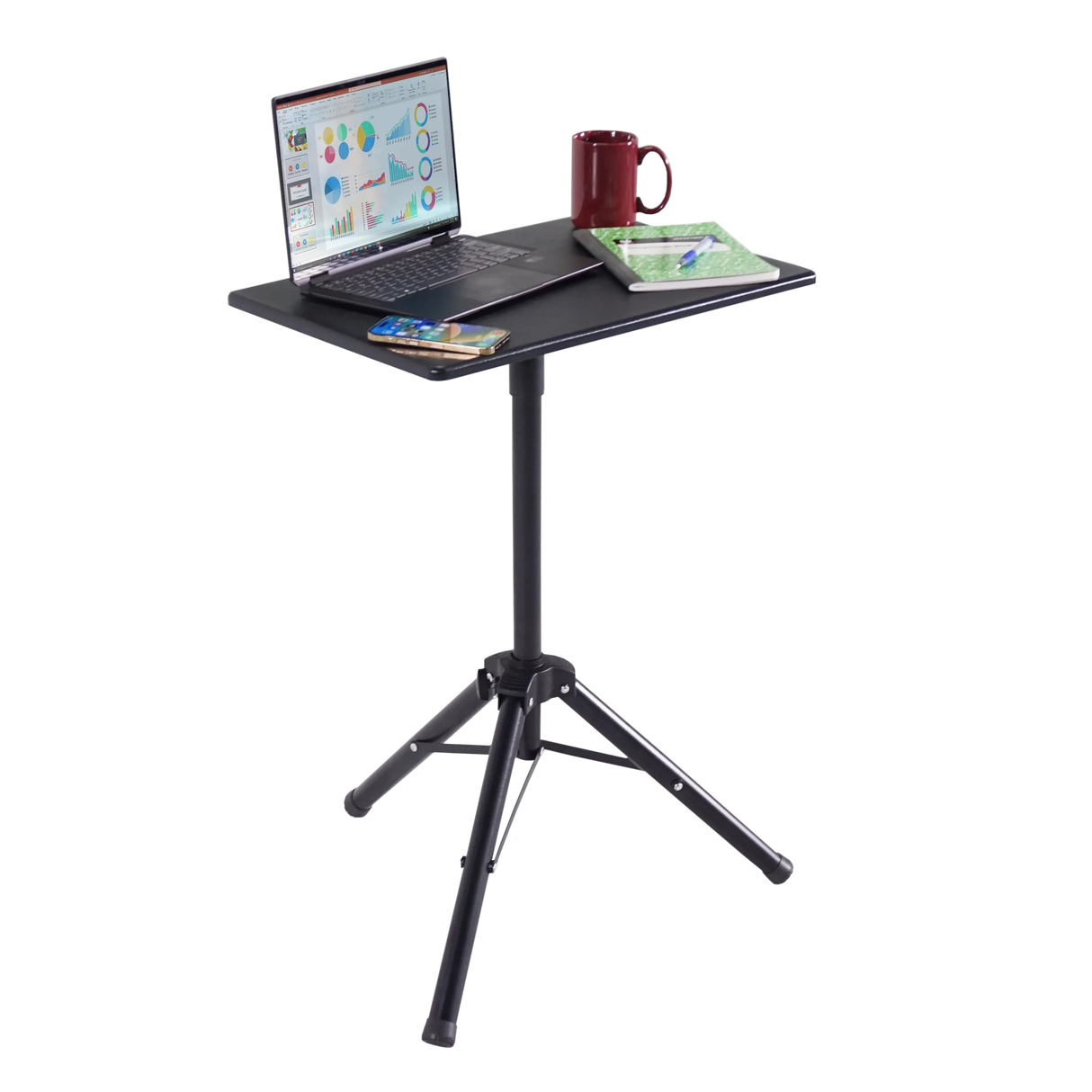 High-rise mobile tripod standing desk with laptop, notebook, phone, and coffee mug