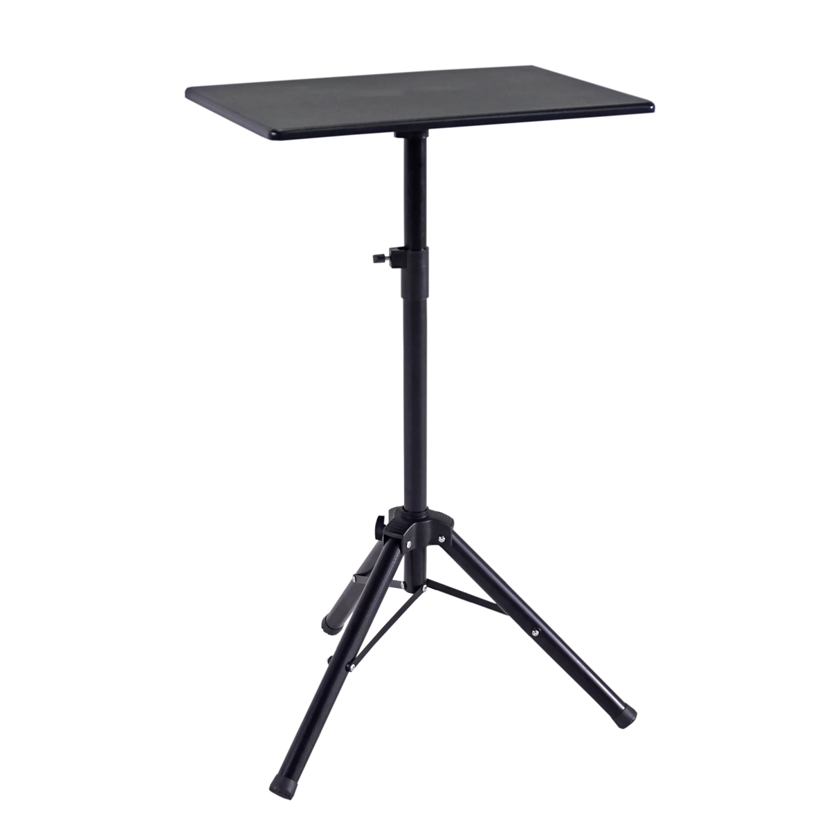 Adjustable high-rise mobile tripod standing desk with black tabletop and sturdy tripod legs