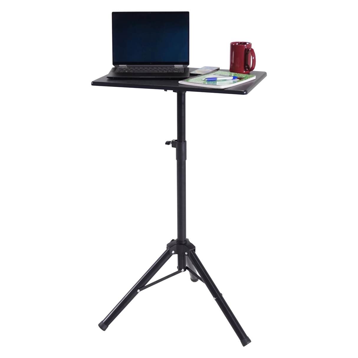High-rise mobile standing desk tripod with laptop, mug, and office supplies on top