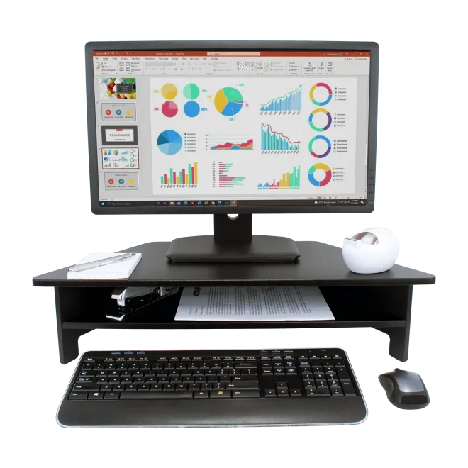 High-rise monitor stand with desktop organizer, computer monitor, keyboard, and mouse