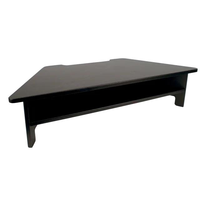 Black corner high-rise monitor stand with open storage shelf for desktop organization