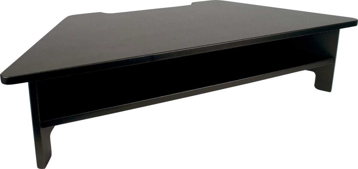 Black high-rise monitor stand with angled corners and an open storage shelf underneath