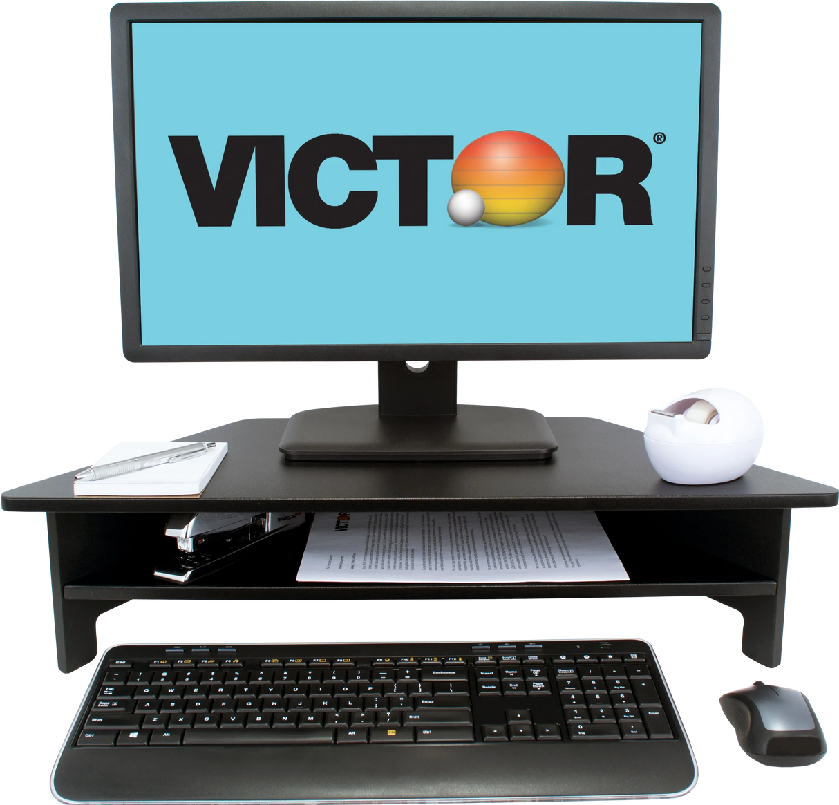 High-rise monitor stand with computer monitor, keyboard, mouse, notepad, and tape dispenser