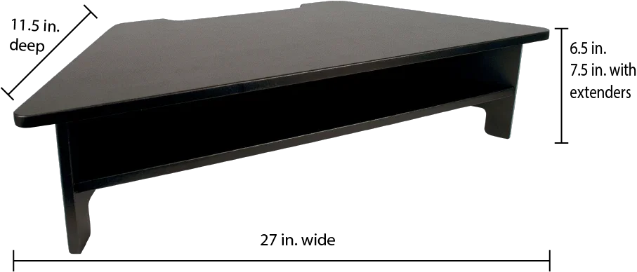 Black high-rise monitor stand with storage shelf, 27 in. wide, 11.5 in. deep, 6.5 in. tall