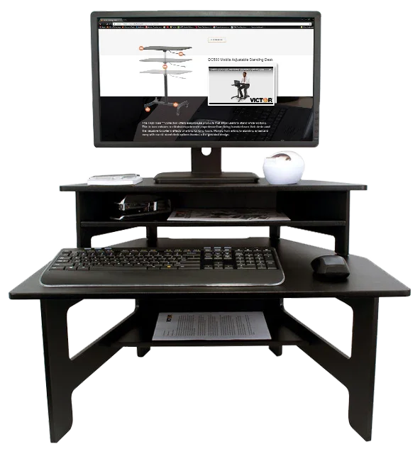 High-rise monitor stand with keyboard tray, monitor, and workspace accessories